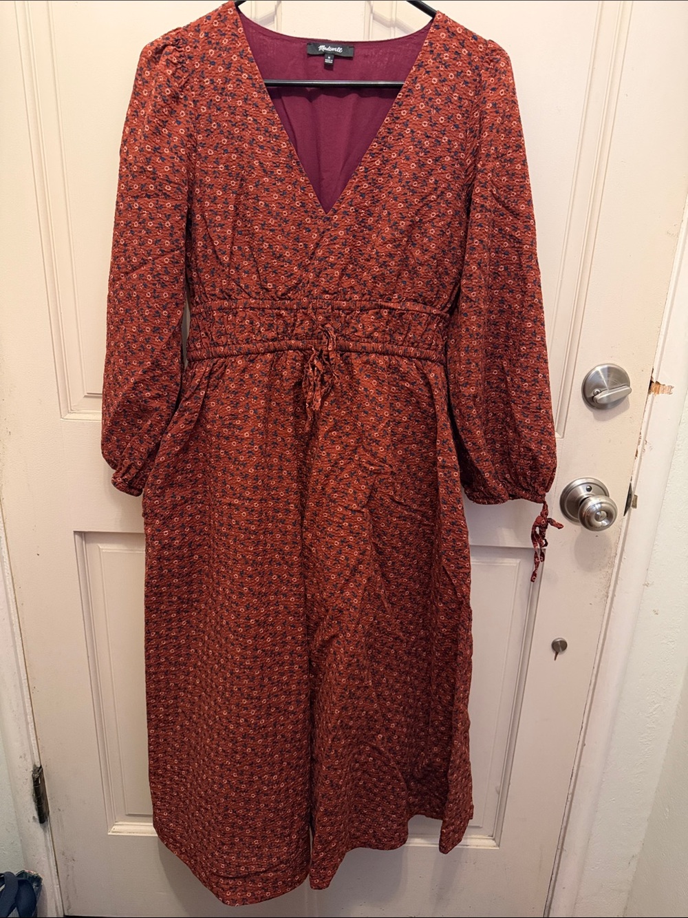 Madewell Burnt Orange Floral Tie-Waist Midi Dress
